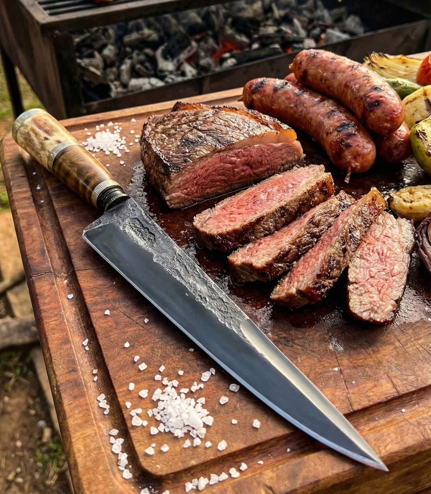 Carnes, legumes e uma faca sobre uma tábua de madeira