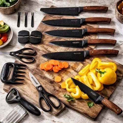 Facas e utensílios de cozinha dispostos sobre tábuas de corte